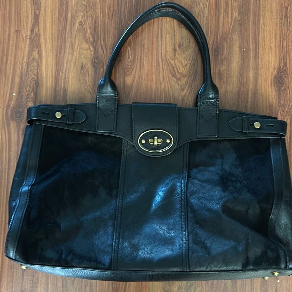 Fossil vintage black distressed fur and leather tote bag weekender bag laptop ba